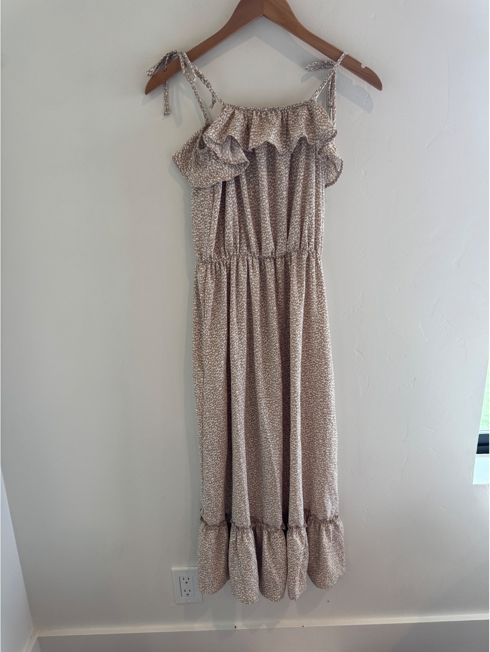 Made With Love Beige Animal Print Ruffle Maxi Dress Tie Straps